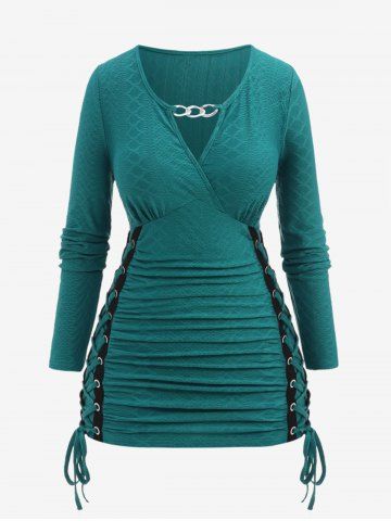 Plus Size Chain Panel Ruched Lace Up Textured Surplice T-shirt - DEEP GREEN - M | US 10