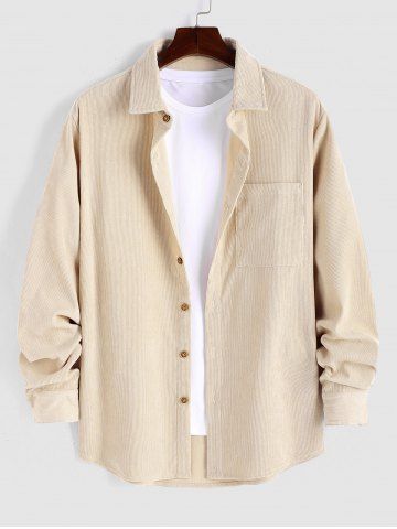 Men's Plain Color Front Pocket Design Button Down Long Sleeves Corduroy Shirt - LIGHT COFFEE - XL