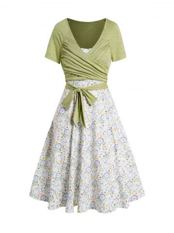 Plaid Leaf Printed A Line Vacation Sundress and Bowknot Surplice T Shirt Set - LIGHT GREEN - XXXL