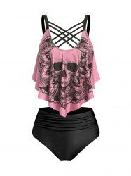Ensemble de Tankini Croisé à Imprimé Crâne Fleur Matelassé - Rose clair XXL