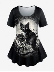 T-shirt Chat Fleuri Imprimé Miroir de Grande Taille à Manches Courtes - Noir 6X