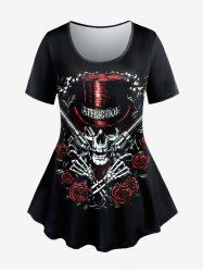Halloween Plus Size Skull Hat Gun Rose Print T-shirt -  
