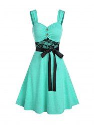 Lace Insert Mock Button Belted Dress -  