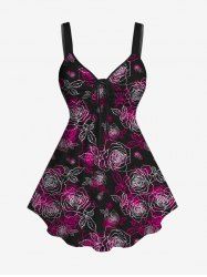Plus Size Flower Leaves Print Cinched Tank Top -  