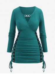 T-shirt Texturé Superposé Panneau avec Chaîne Grande Taille à Lacets - Vert profond 3X | US 22-24