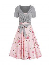 Ensemble de Robe Ligne A à Imprimé Fleurie Papillon et de T-shirt Superposé - Rouge L