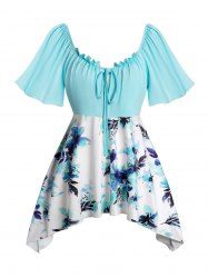 Plus Size Aquarelle Flower Print Tie Flutter Sleeve Casual Top -  