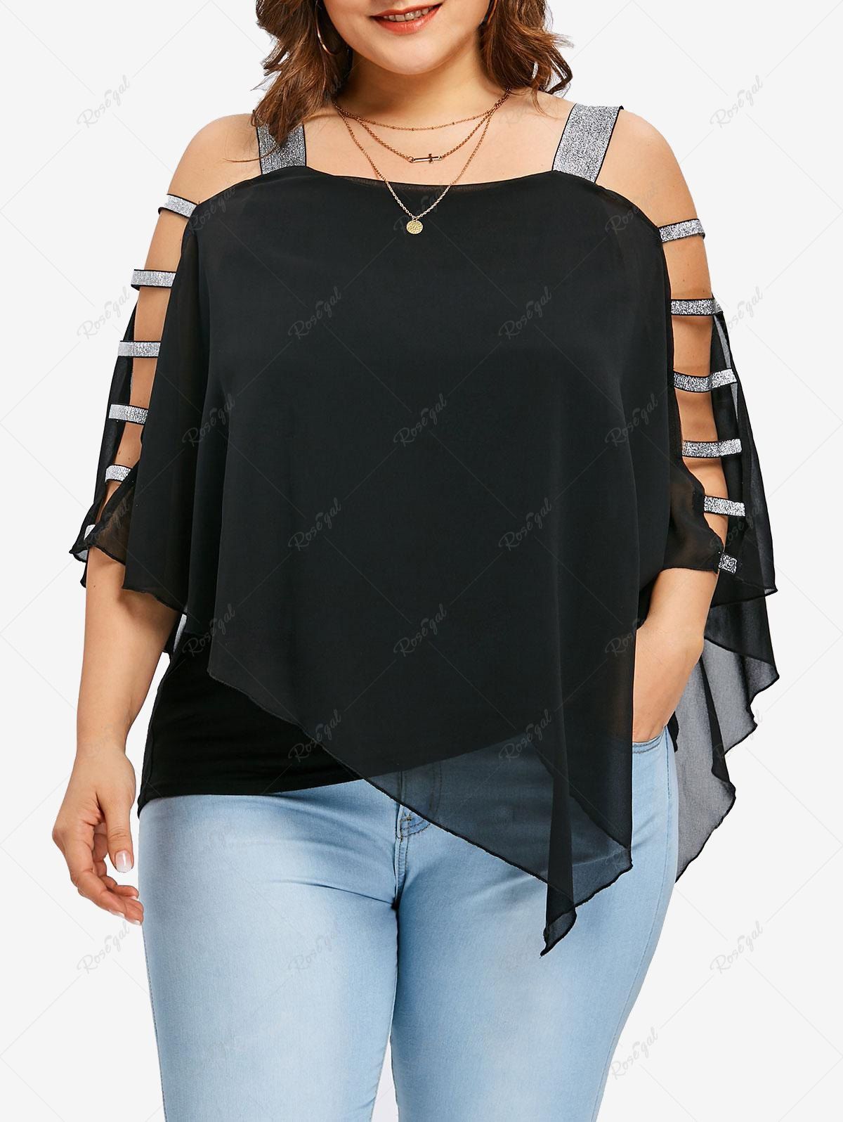 Store Plus Size Chiffon Hollow Out Sleeves Cold Shoulder Asymmetric Shirt  