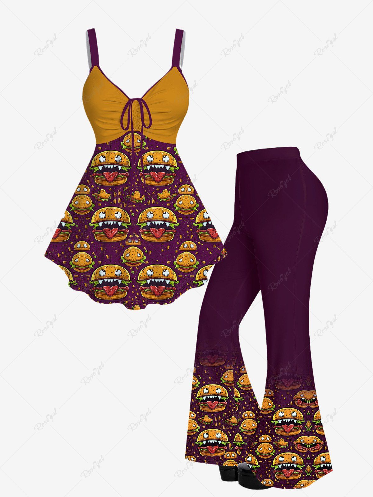 Affordable Gothic Hamburger Monster Face Printed Cinched Tank Top and Flare Pants Outfit  