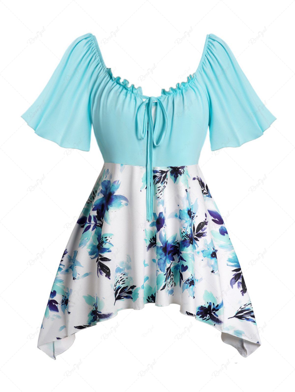 Affordable Plus Size Aquarelle Flower Print Tie Flutter Sleeve Casual Top  