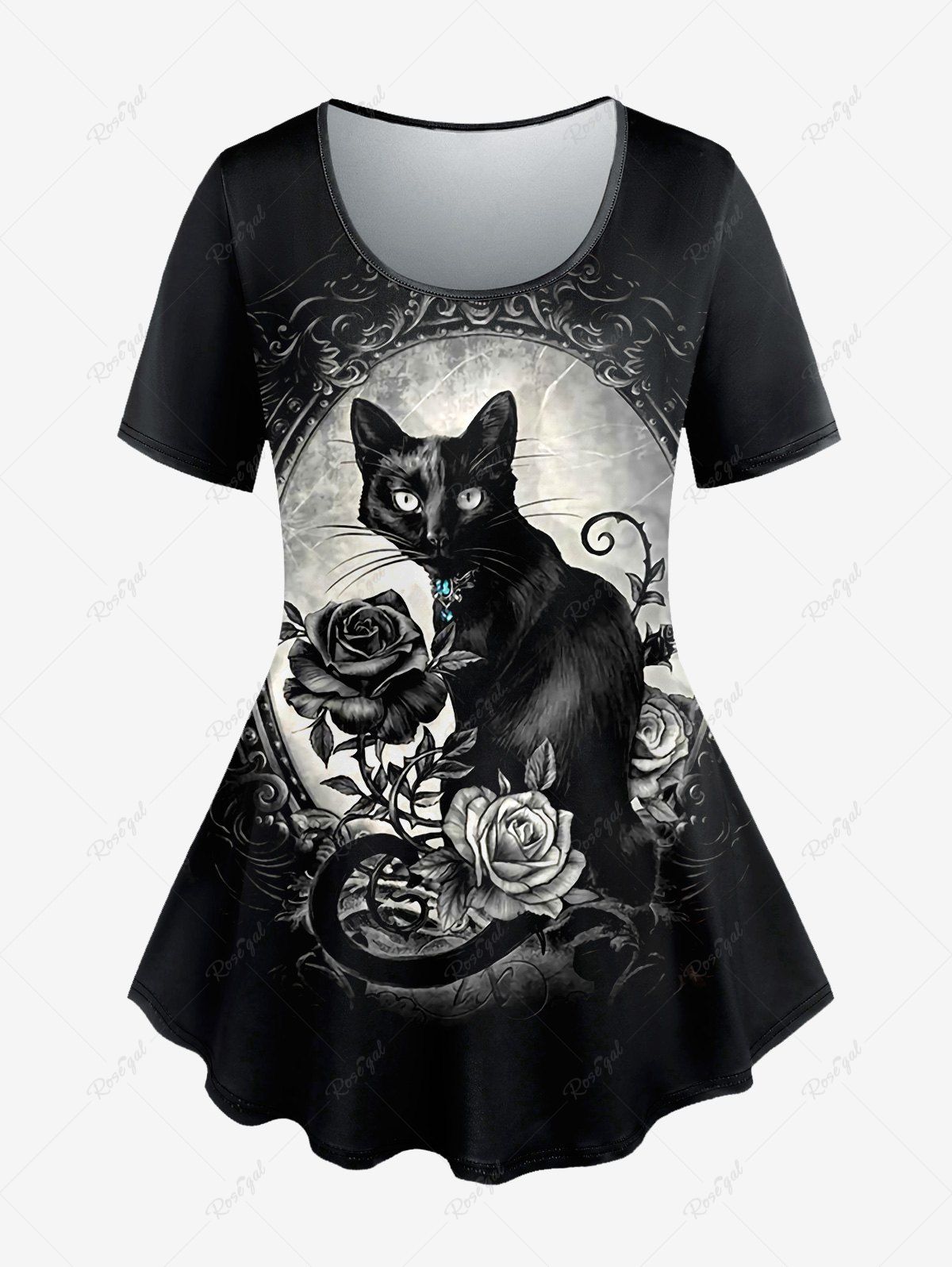 T-shirt Chat Fleuri Imprimé Miroir de Grande Taille à Manches Courtes Noir 6X
