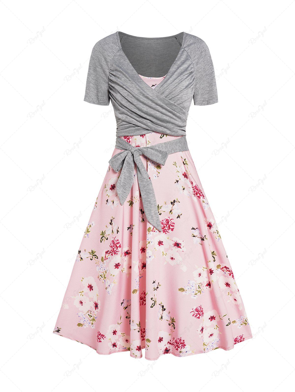 Ensemble de Robe Ligne A à Imprimé Fleurie Papillon et de T-shirt Superposé Rouge M
