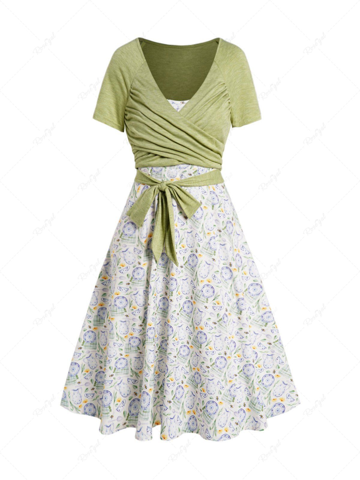 Outfit Plaid Leaf Printed A Line Vacation Sundress and Bowknot Surplice T Shirt Set  