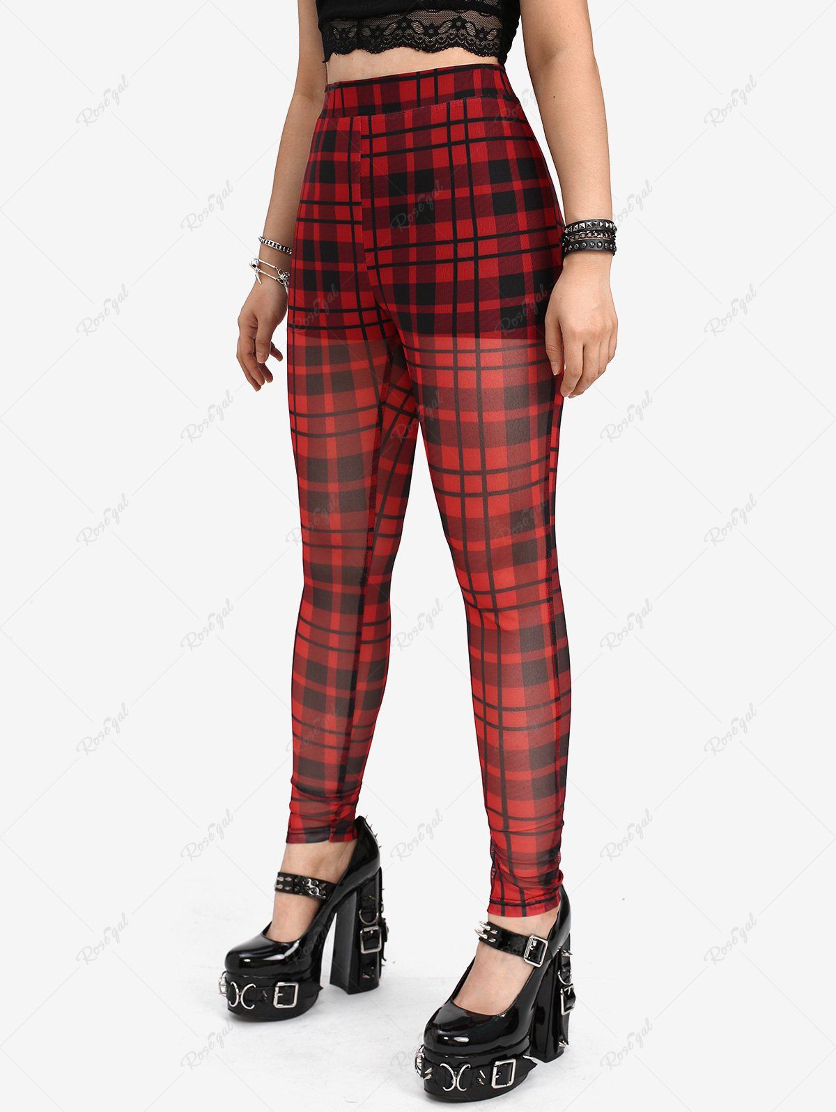 Online Gothic Elastic Waist Plaid Skinny Pants  