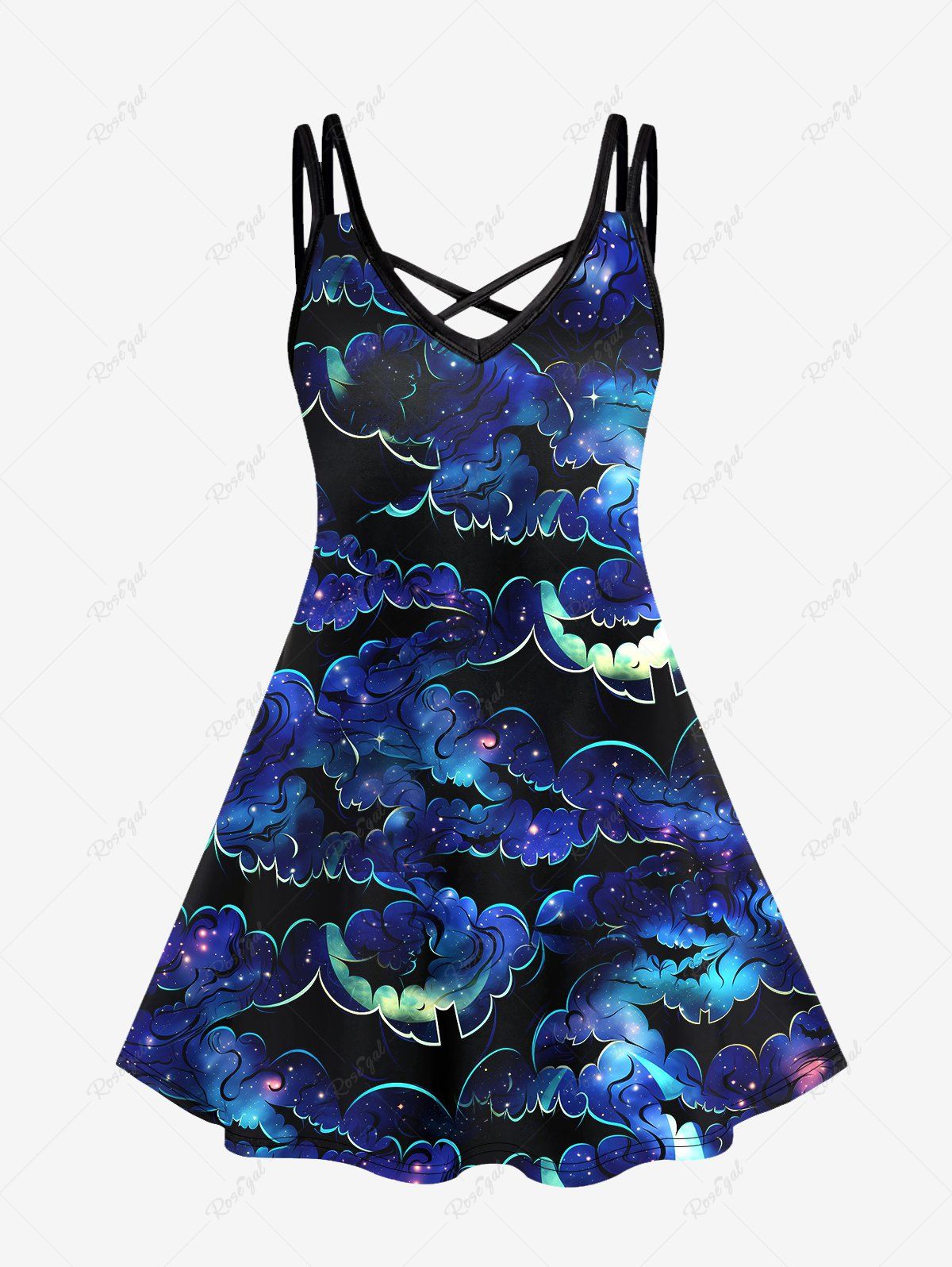 Discount Gothic Colorful Galaxy Glitter Bat Print Crisscross Cami Dress  