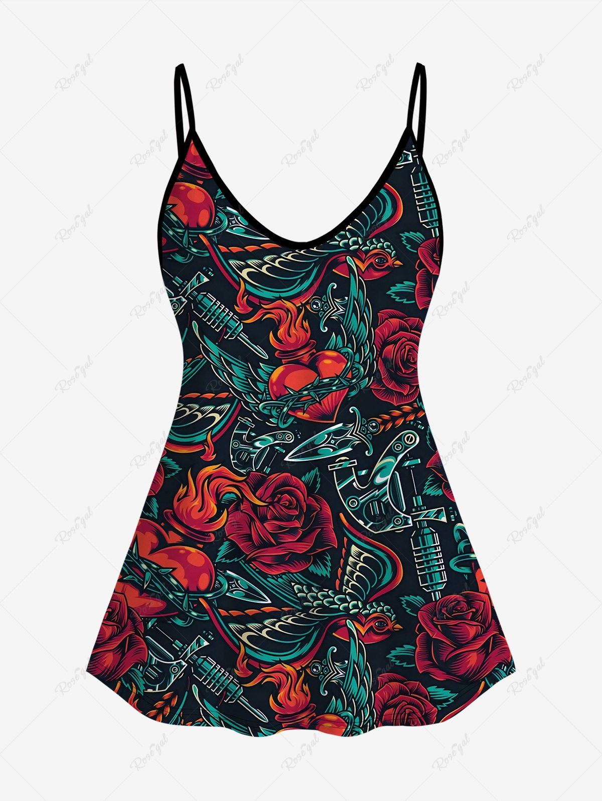 Sale Plus Size Rose Bird Heart Flame Print Cami Top (Adjustable Shoulder Strap)  