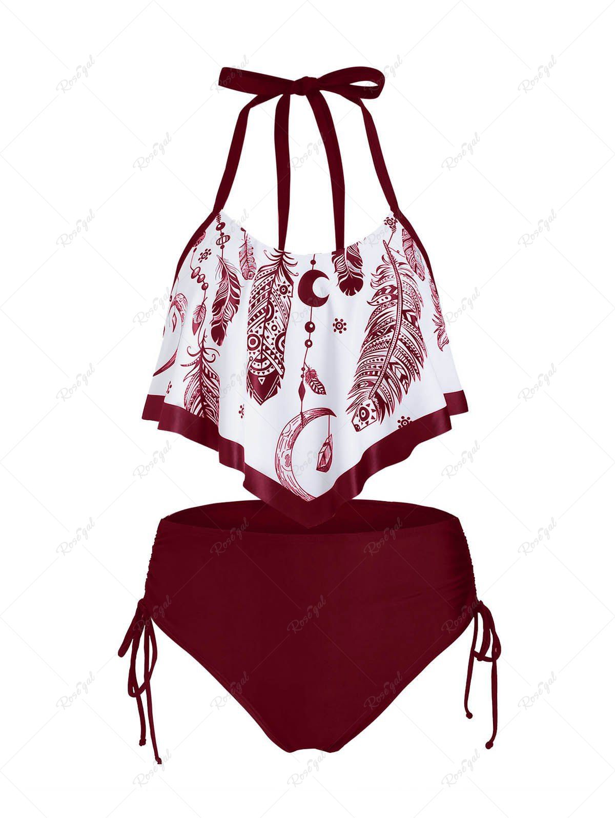 Maillot de Bain Tankini à Imprimé Plume Superposé à Volants Rouge Vineux L