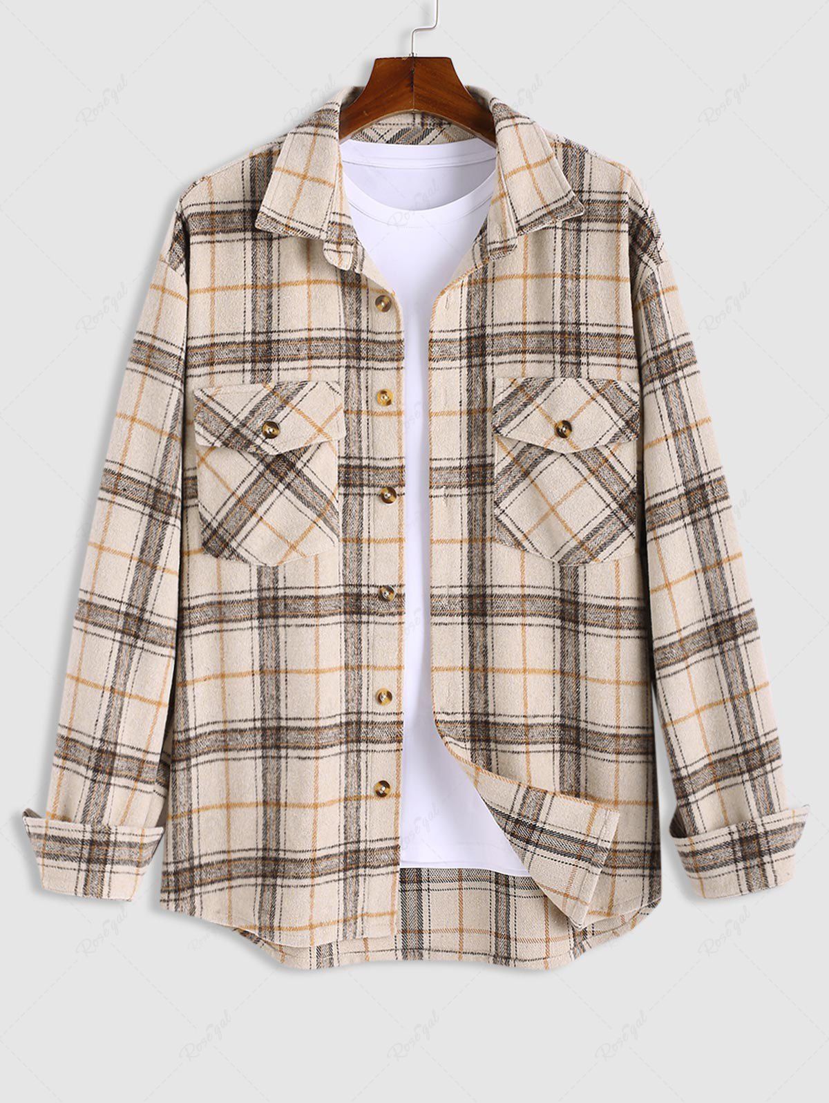 Trendy Men's Casual Plaid Flap Pockets Wool Blend Long Sleeve Cargo Shacket  