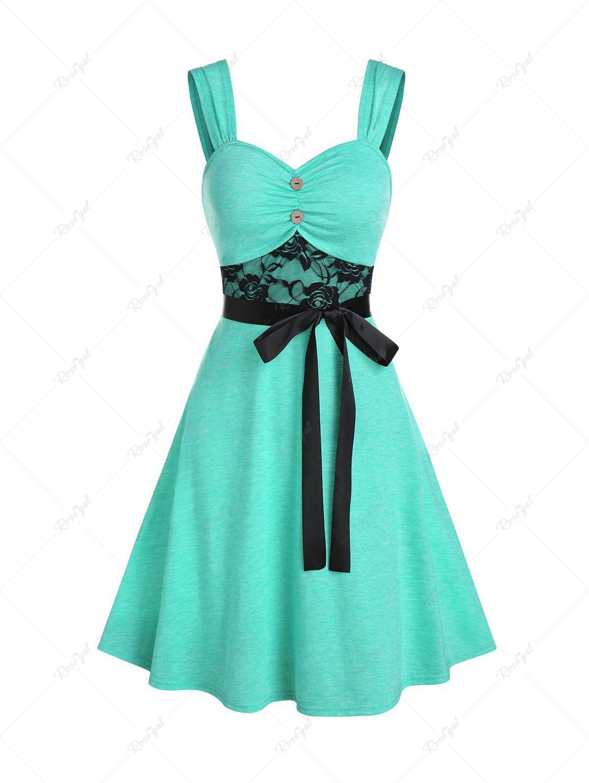 Trendy Lace Insert Mock Button Belted Dress  