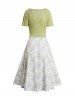 Plaid Leaf Printed A Line Vacation Sundress and Bowknot Surplice T Shirt Set -  