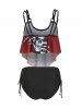 Skull Print Cinched Strappy Tankini Set -  