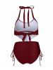 Maillot de Bain Tankini à Imprimé Plume Superposé à Volants - Rouge Vineux L