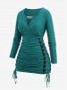 Plus Size Chain Panel Ruched Lace Up Textured Surplice T-shirt -  