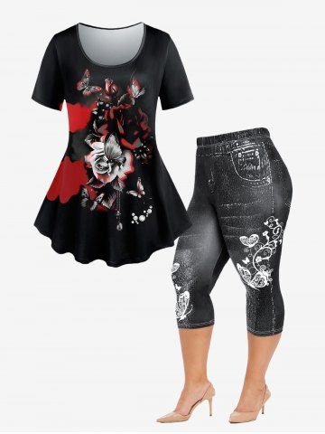 Plus Size Rose Butterfly Diamond Printed T-shirt and Leggings Outfit - BLACK
