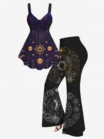 Sun Moon Star Galaxy Print Cinched Tank Top And 3D Sun Moon Star Glitter Print Flare Pants Gothic Outfit