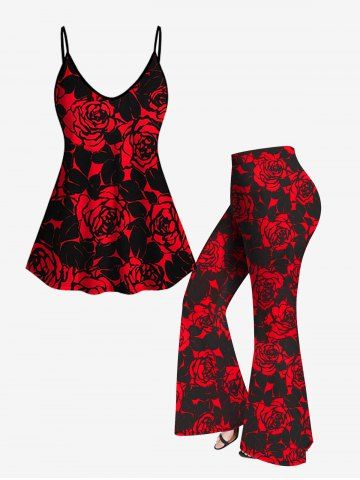 Rose Printed Cami Top (Adjustable Shoulder Strap) and Flare Pants Plus Size 70s 80s Outfit - RED