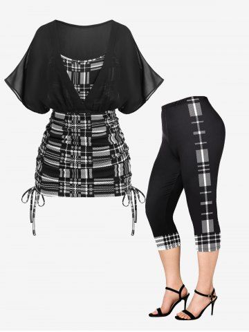 Cinched Ruched Semi-sheer Batwing Sleeves Plaid Tee and Plaid Colorblock Capri Leggings Plus Size Outfit - BLACK