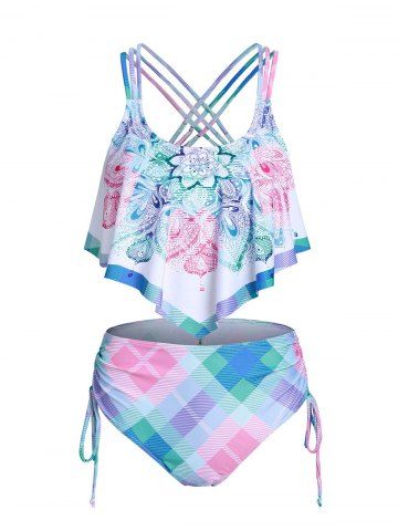 Bohemian Print Criss-cross Cinched Tankini Set - MULTI - L