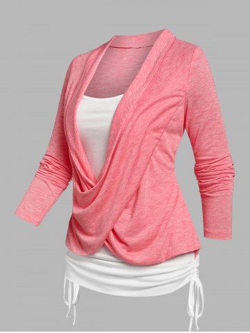 Crossover Cinched Heathered Faux Twinset T-shirt - LIGHT PINK - S