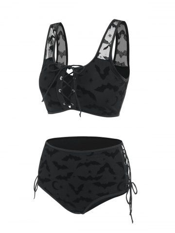 Bat Crescent Mesh Lace-up Padded Bikini Set - BLACK - S