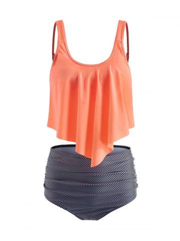 Striped Overlay Padded Tankini Set - PUMPKIN ORANGE - M