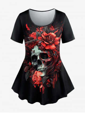 Halloween Plus Size Skull Flower Print Short Sleeves T-shirt - RED - 1X