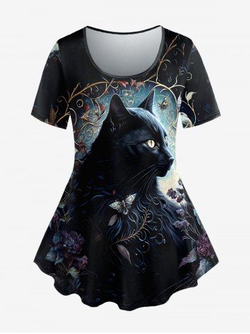 Plus Size Cat Flower Butterfly Print T-shirt - BLACK - 2X
