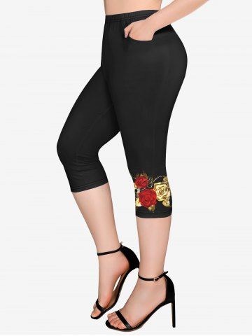Plus Size Rose Leaf Print Pockets Capri Leggings - BLACK - 2X