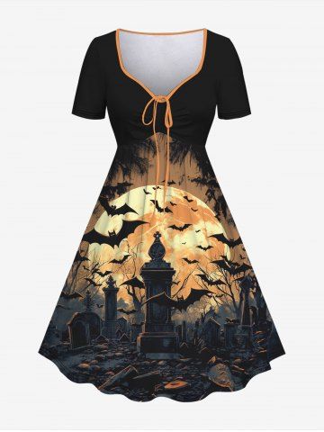Halloween Bat Moon Tree Tombstone Stone Print Cinched Dress - BLACK - XS