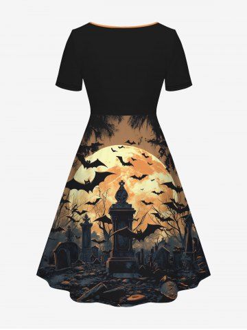 Halloween Bat Moon Tree Tombstone Stone Print Cinched Dress