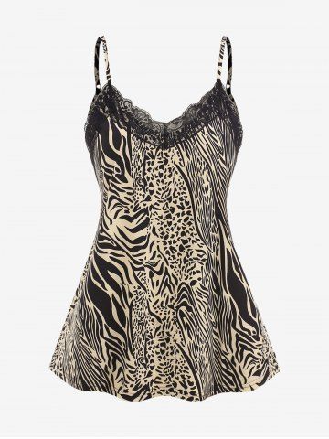 Plus Size Lace Trim Leopard V Cut Back Cami Top - LIGHT COFFEE - 3XL