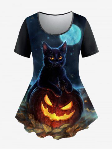 T-shirt Gothique D'Halloween Citrouille Feuille et Chat Imprimés à Manches Courtes - BLACK - XS
