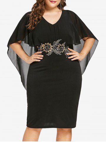 Plus Size Floral Embroidery Sheer Semi Transparent Capelet Dress - BLACK - L | US 12