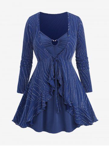 Plus Size Heart Ring Cinched Cami Top and Glitter Striped Tied Ruffles T-shirt - DEEP BLUE - M | US 10