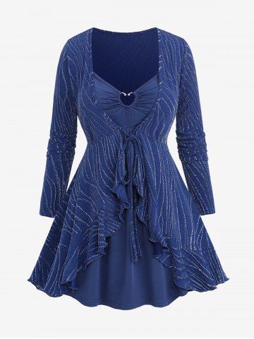 Plus Size Heart Ring Cinched Cami Top and Glitter Striped Tied Ruffles T-shirt - DEEP BLUE - 4X | US 26-28
