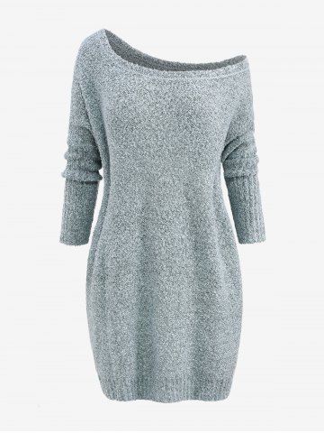 Plus Size Slash Neck Long Sleeves Boucle Knit Sweater - LIGHT BLUE - 3XL