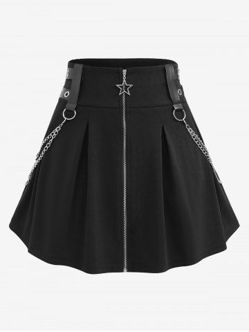 Plus Size Pentagram Zipper O-Ring Chains PU Straps Grommet Ruched Skirt - BLACK - 1X | US 14-16