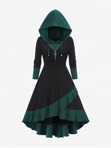 Plus Size Tulip Hem Ruffles Star Zipper Drawstring Hooded Dress - BLACK - 3X | US 22-24