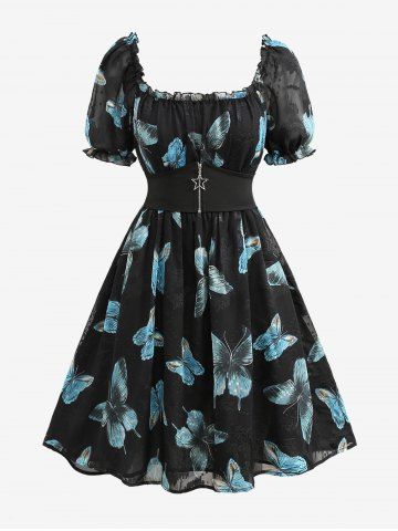 Plus Size Butterfly Print Ruffles Ruched Pentagram Zipper Dress - BLACK - 1X | US 14-16
