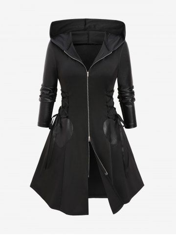 Plus Size Lace Up PU Leather Patchwork Hooded Zipper Coat - BLACK - M | US 10